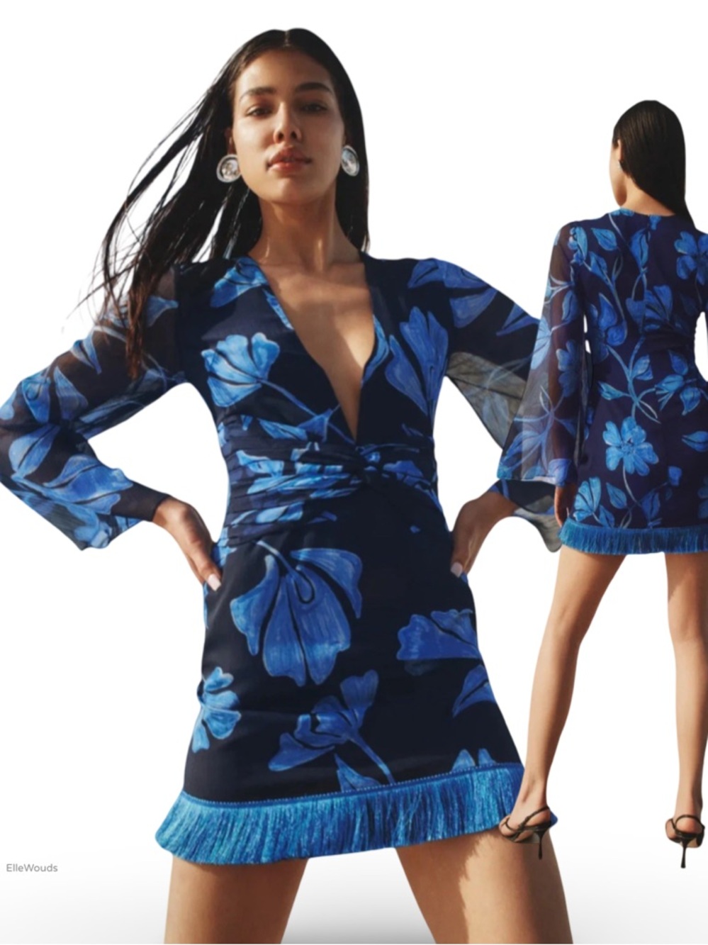 Patbo Nightflower Fringe Trim Mini Blue Dress US Size 2 $495